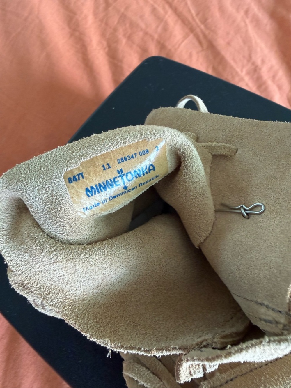 Minnetonka Tan Suede Moccasins with Silver Concho Accent - Picture 2 of 3